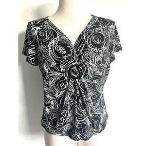 Laura Ashley Ladies Top Black White Swirl Roses Embellishment Stretchy Medium MP